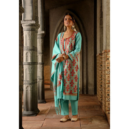 House of Chikankari Kasmira Aari woollen Straight Kurta with Pant and Dupatta (Set of 3)