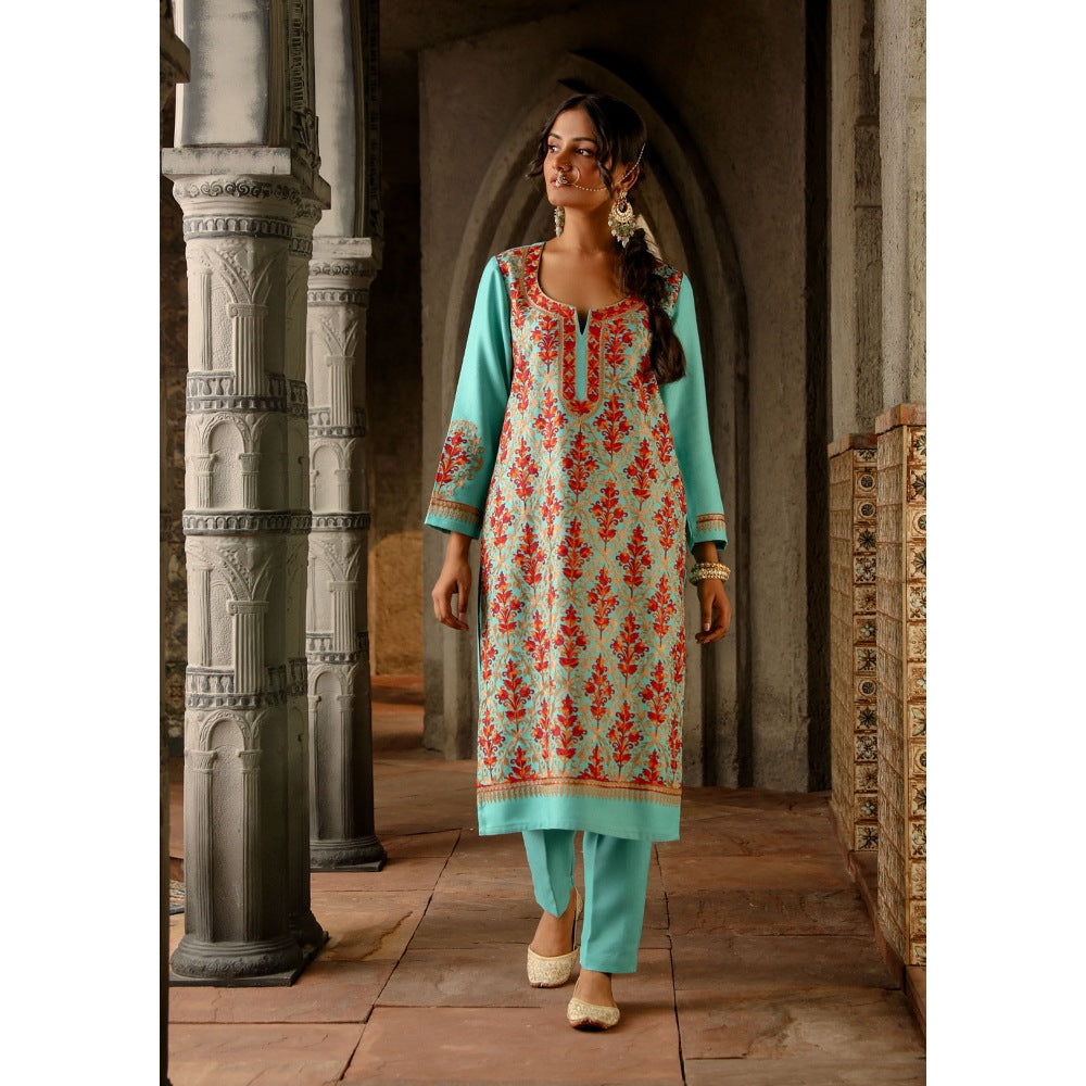 House of Chikankari Kasmira Aari woollen Straight Kurta with Pant and Dupatta (Set of 3)