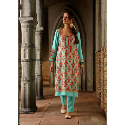 House of Chikankari Kasmira Aari woollen Straight Kurta with Pant and Dupatta (Set of 3)