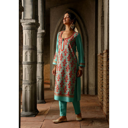 House of Chikankari Kasmira Aari woollen Straight Kurta with Pant and Dupatta (Set of 3)