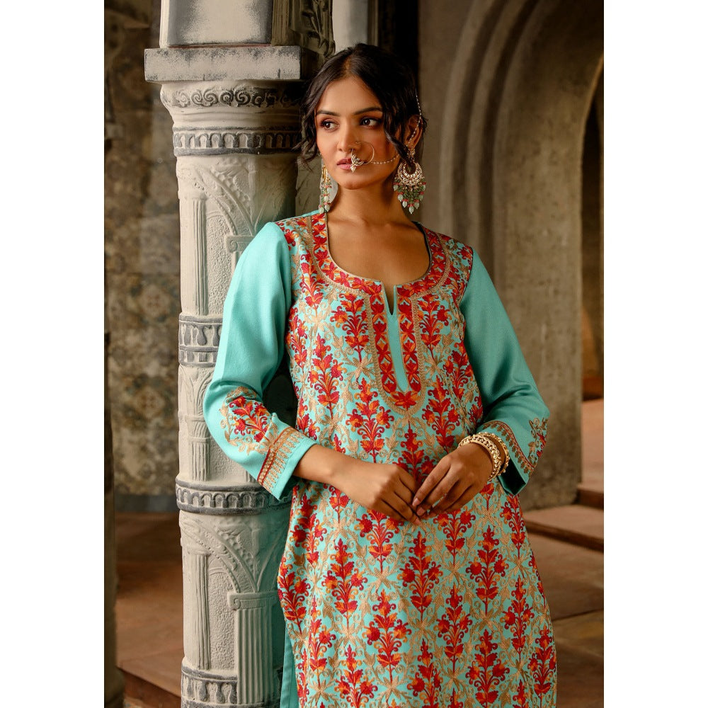 House of Chikankari Kasmira Aari woollen Straight Kurta with Pant and Dupatta (Set of 3)