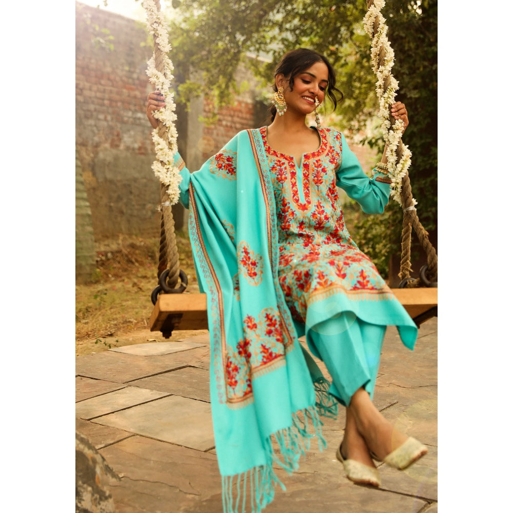 House of Chikankari Kasmira Aari woollen Straight Kurta with Pant and Dupatta (Set of 3)