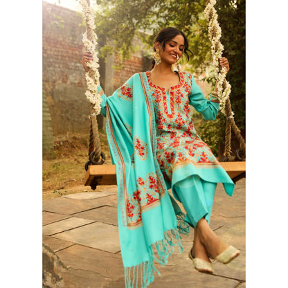 House of Chikankari Kasmira Aari woollen Straight Kurta with Pant and Dupatta (Set of 3)