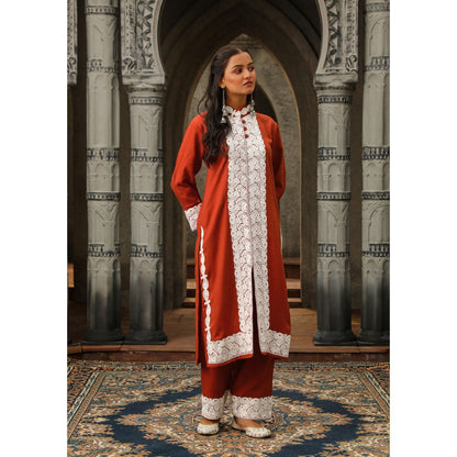 House of Chikankari Kasmira Aari woollen Straight Kurta with Pant (Set of 2)