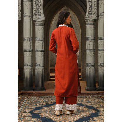 House of Chikankari Kasmira Aari woollen Straight Kurta with Pant (Set of 2)