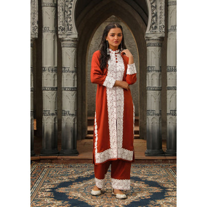 House of Chikankari Kasmira Aari woollen Straight Kurta with Pant (Set of 2)