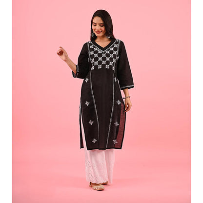 House of Chikankari Zinia Chikankari Cotton Straight Kurta Black