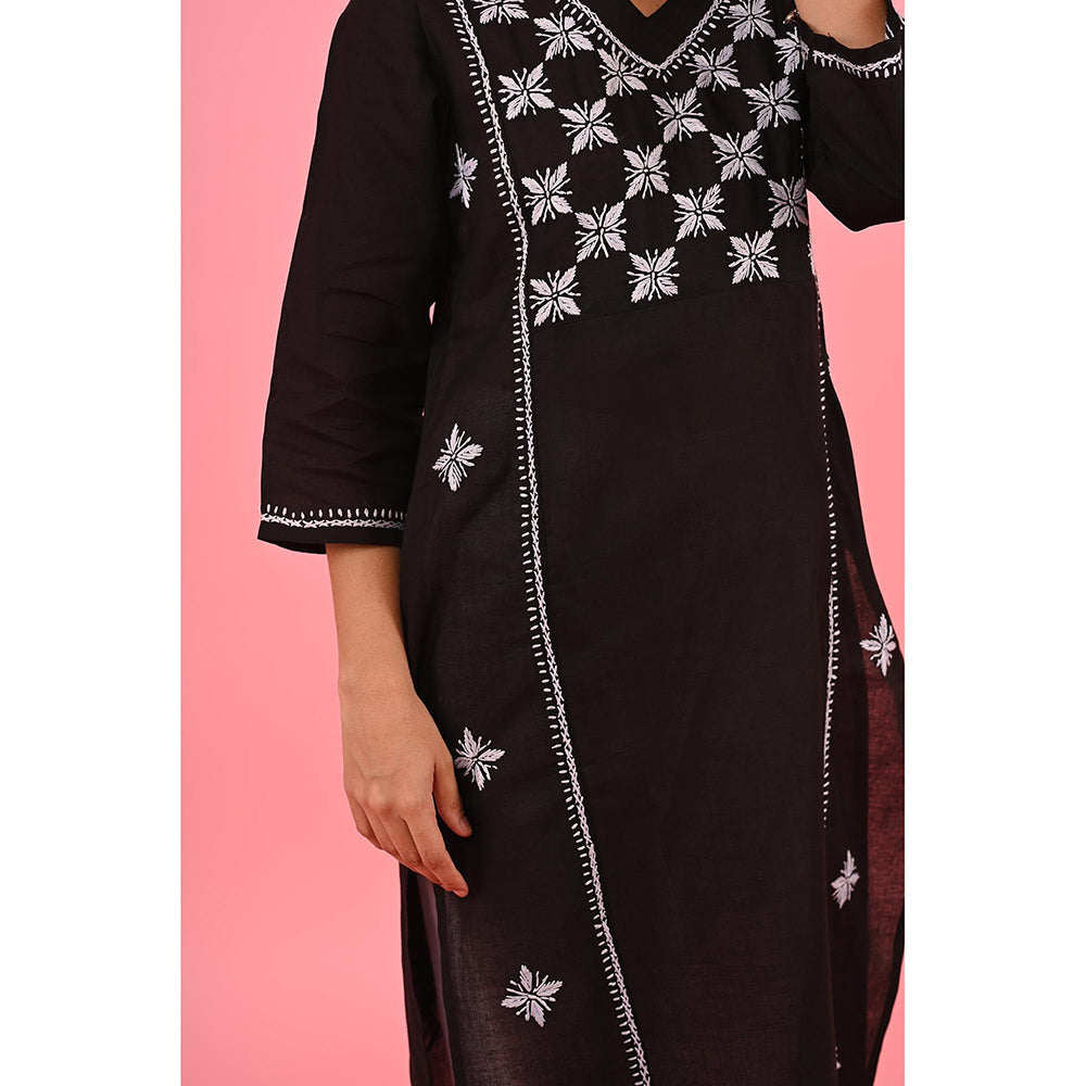 House of Chikankari Zinia Chikankari Cotton Straight Kurta Black
