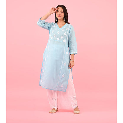 House of Chikankari Zinia Chikankari Cotton Straight Kurta Blue