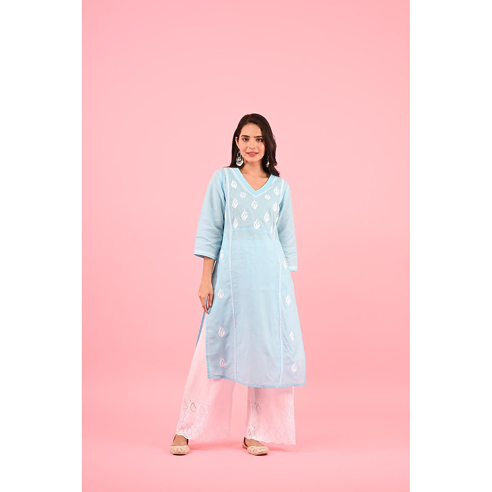 House of Chikankari Zinia Chikankari Cotton Straight Kurta Blue