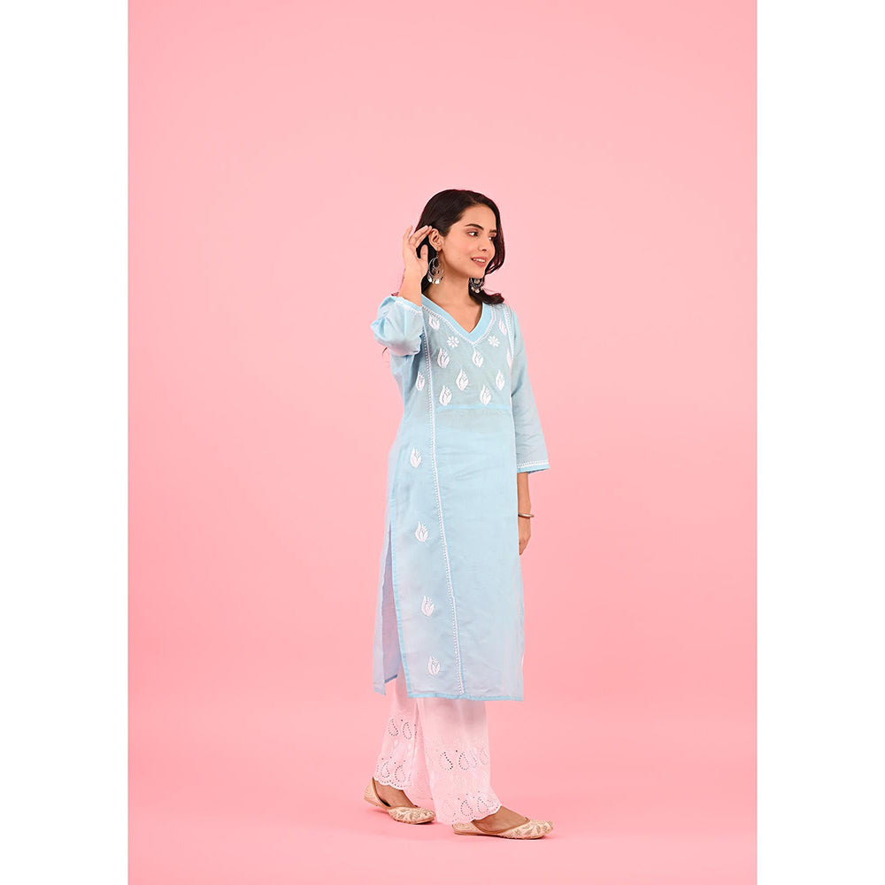 House of Chikankari Zinia Chikankari Cotton Straight Kurta Blue