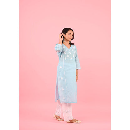 House of Chikankari Zinia Chikankari Cotton Straight Kurta Blue