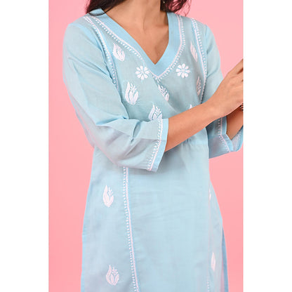 House of Chikankari Zinia Chikankari Cotton Straight Kurta Blue