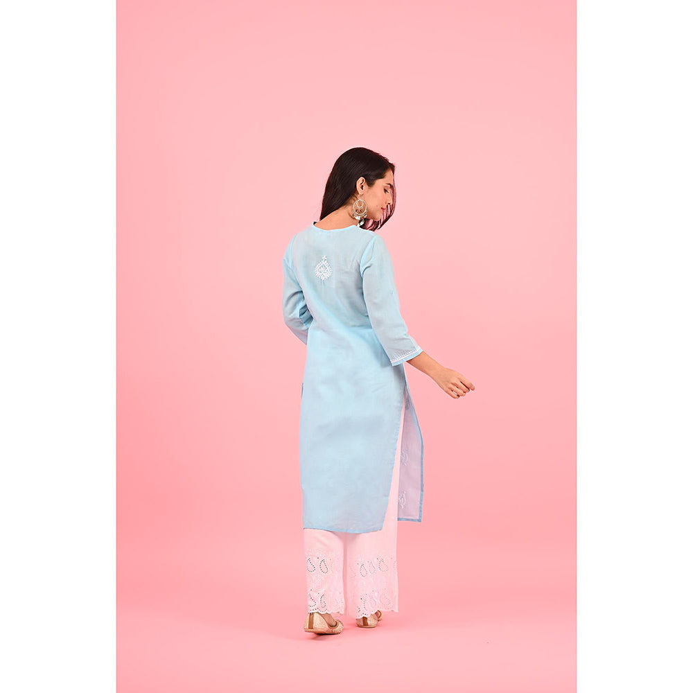 House of Chikankari Zinia Chikankari Cotton Straight Kurta Blue