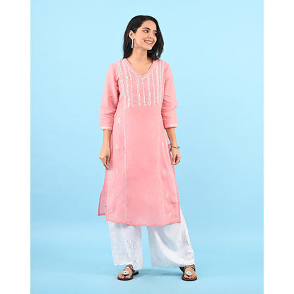 House of Chikankari Zinia Chikankari Cotton Straight Kurta Pink