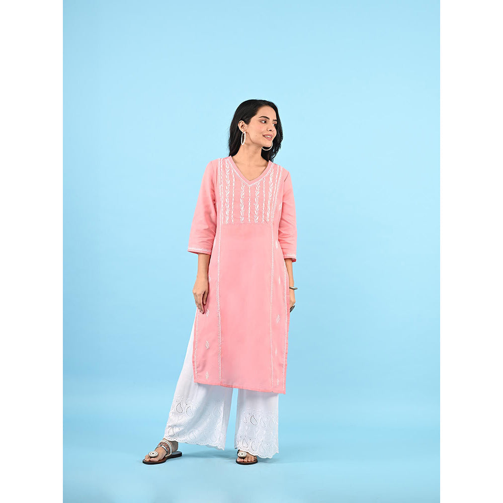 House of Chikankari Zinia Chikankari Cotton Straight Kurta Pink