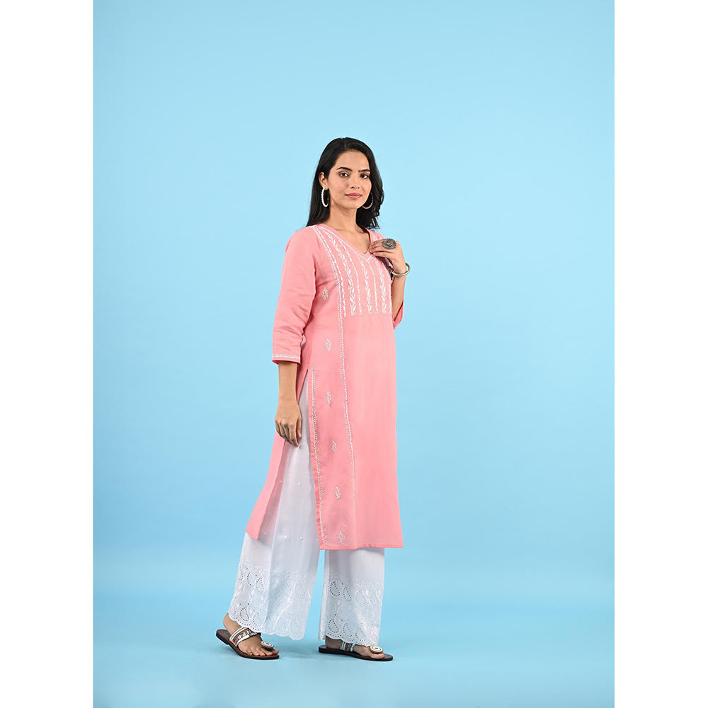 House of Chikankari Zinia Chikankari Cotton Straight Kurta Pink