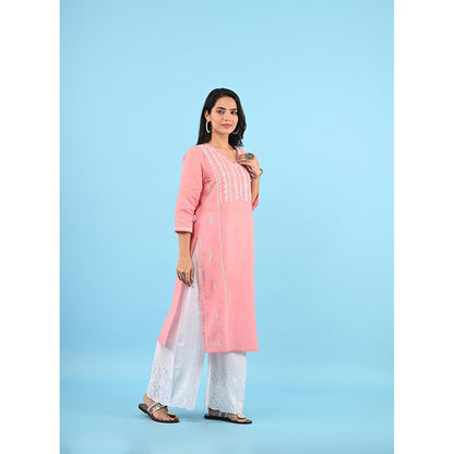 House of Chikankari Zinia Chikankari Cotton Straight Kurta Pink