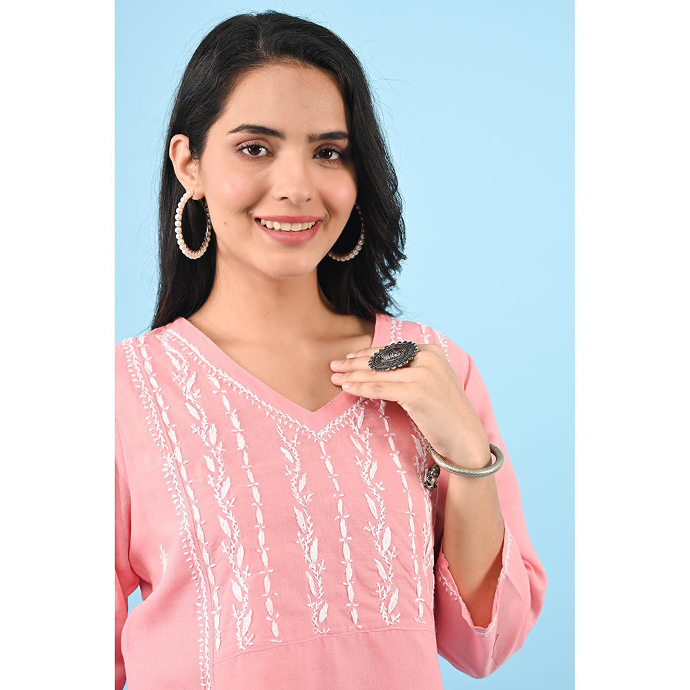 House of Chikankari Zinia Chikankari Cotton Straight Kurta Pink