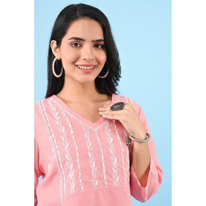 House of Chikankari Zinia Chikankari Cotton Straight Kurta Pink