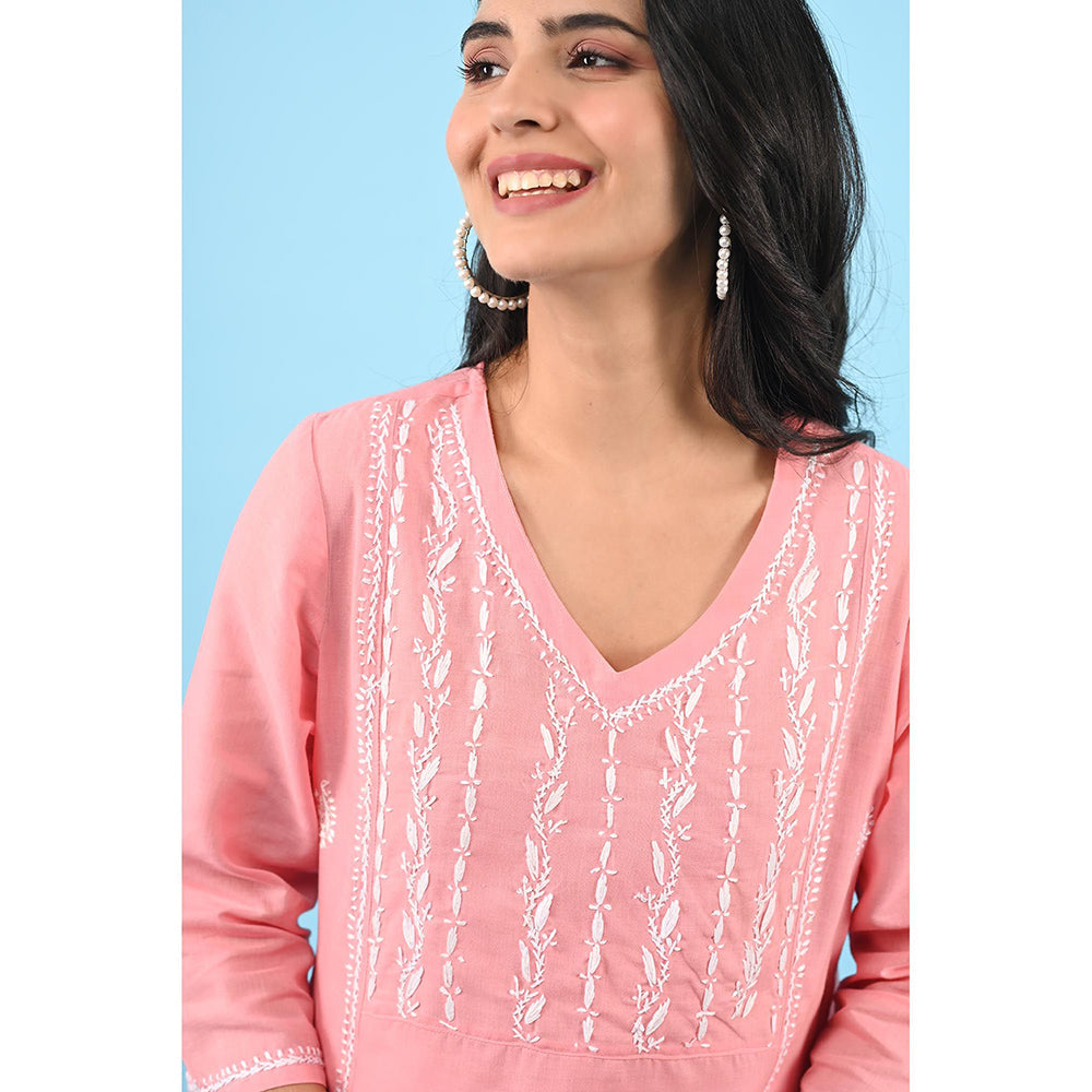 House of Chikankari Zinia Chikankari Cotton Straight Kurta Pink