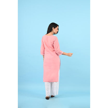House of Chikankari Zinia Chikankari Cotton Straight Kurta Pink