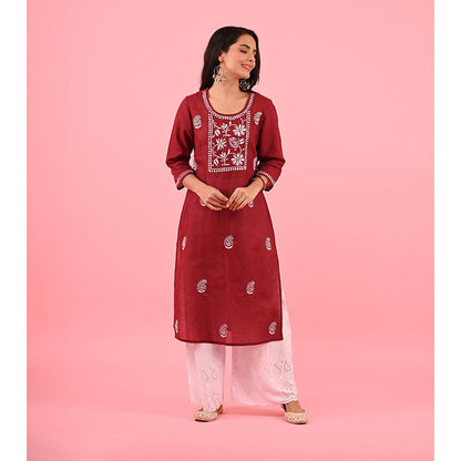 House of Chikankari Zinia Chikankari Cotton Straight Kurta Red