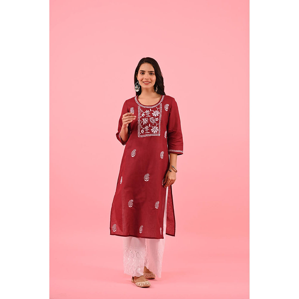 House of Chikankari Zinia Chikankari Cotton Straight Kurta Red