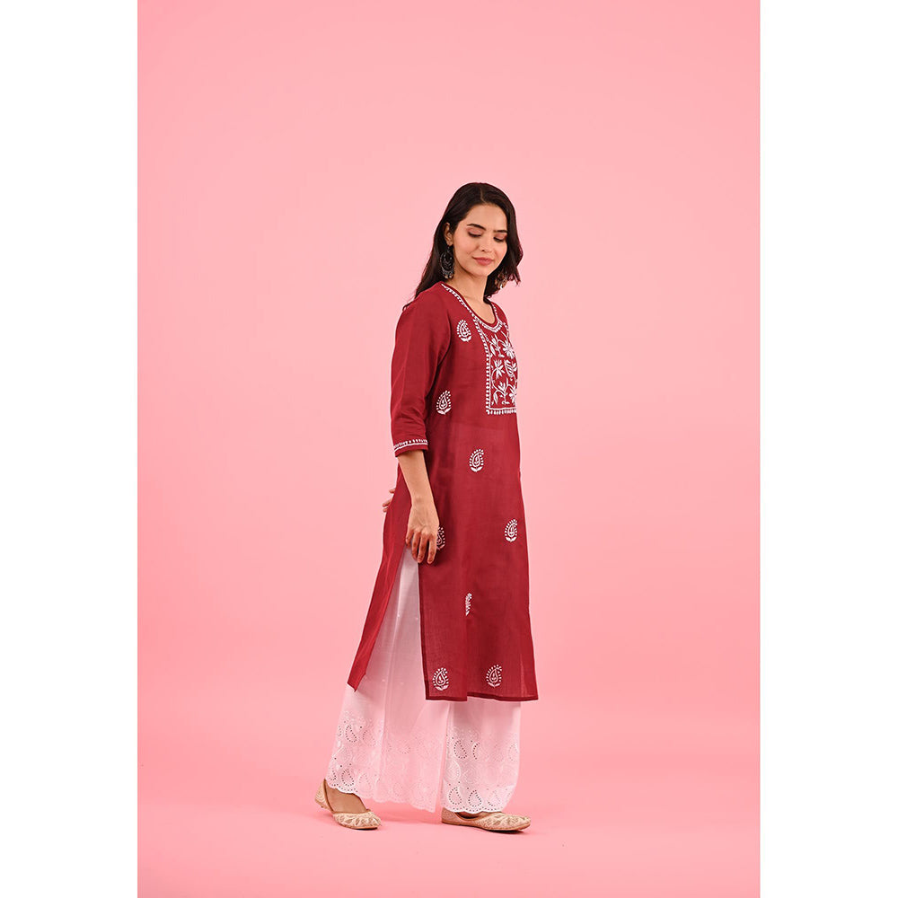 House of Chikankari Zinia Chikankari Cotton Straight Kurta Red