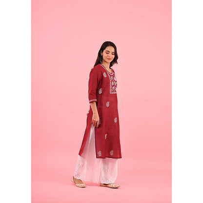 House of Chikankari Zinia Chikankari Cotton Straight Kurta Red