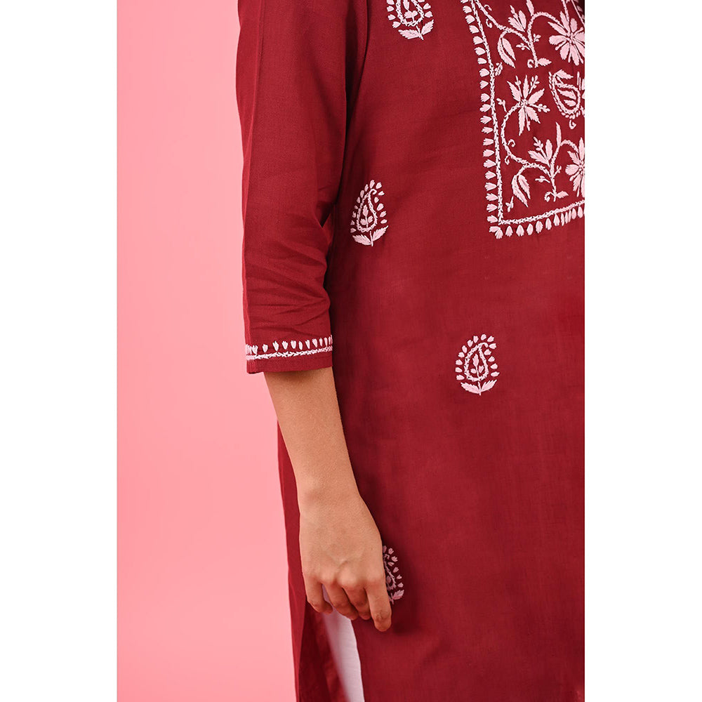 House of Chikankari Zinia Chikankari Cotton Straight Kurta Red