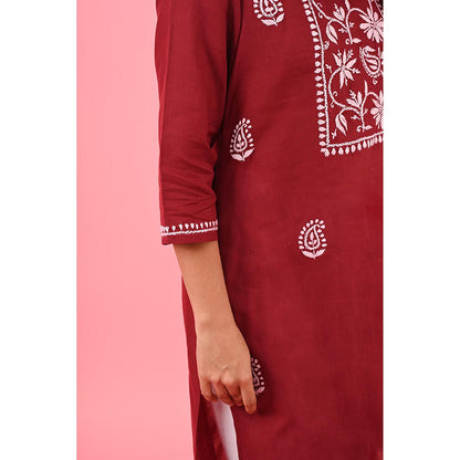 House of Chikankari Zinia Chikankari Cotton Straight Kurta Red