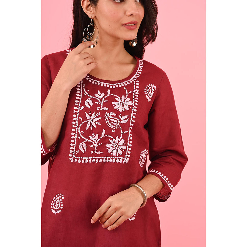 House of Chikankari Zinia Chikankari Cotton Straight Kurta Red