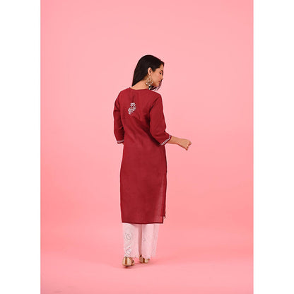 House of Chikankari Zinia Chikankari Cotton Straight Kurta Red