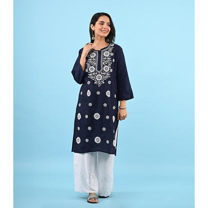 House of Chikankari Zinia Embroidered Cotton Straight Kurta Navy Blue