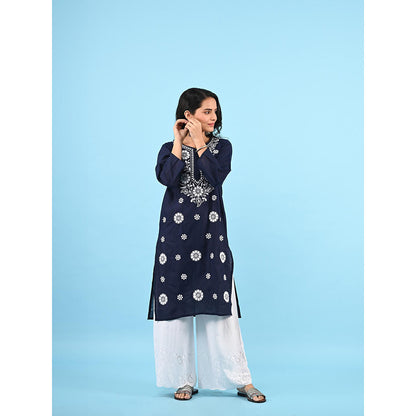 House of Chikankari Zinia Embroidered Cotton Straight Kurta Navy Blue