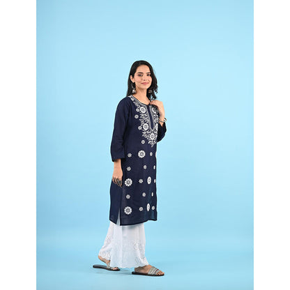 House of Chikankari Zinia Embroidered Cotton Straight Kurta Navy Blue