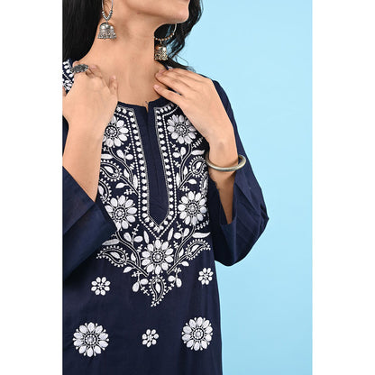 House of Chikankari Zinia Embroidered Cotton Straight Kurta Navy Blue