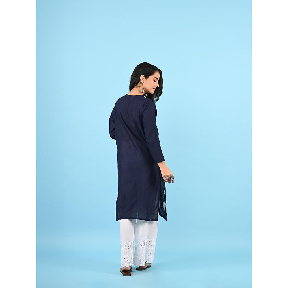 House of Chikankari Zinia Embroidered Cotton Straight Kurta Navy Blue