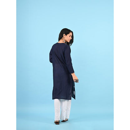 House of Chikankari Zinia Embroidered Cotton Straight Kurta Navy Blue