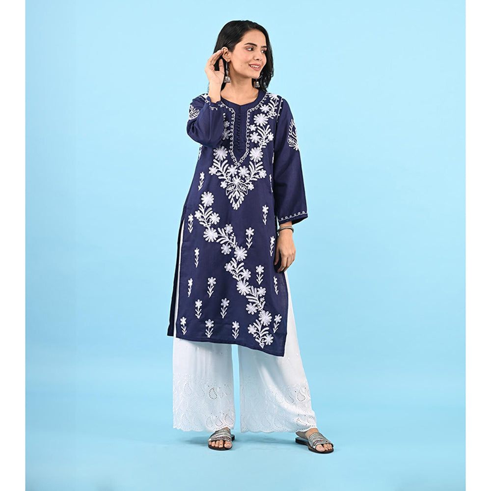 House of Chikankari Zinia Embroidered Cotton Straight Kurta Blue
