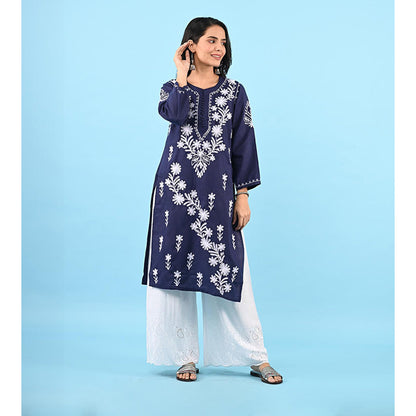 House of Chikankari Zinia Embroidered Cotton Straight Kurta Blue
