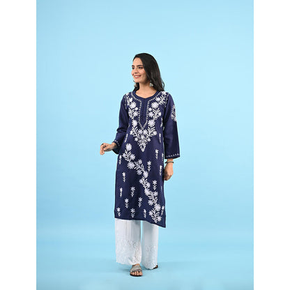 House of Chikankari Zinia Embroidered Cotton Straight Kurta Blue