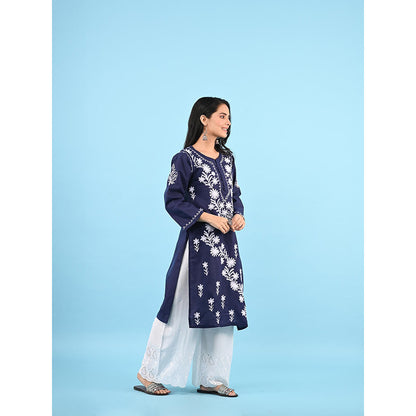 House of Chikankari Zinia Embroidered Cotton Straight Kurta Blue