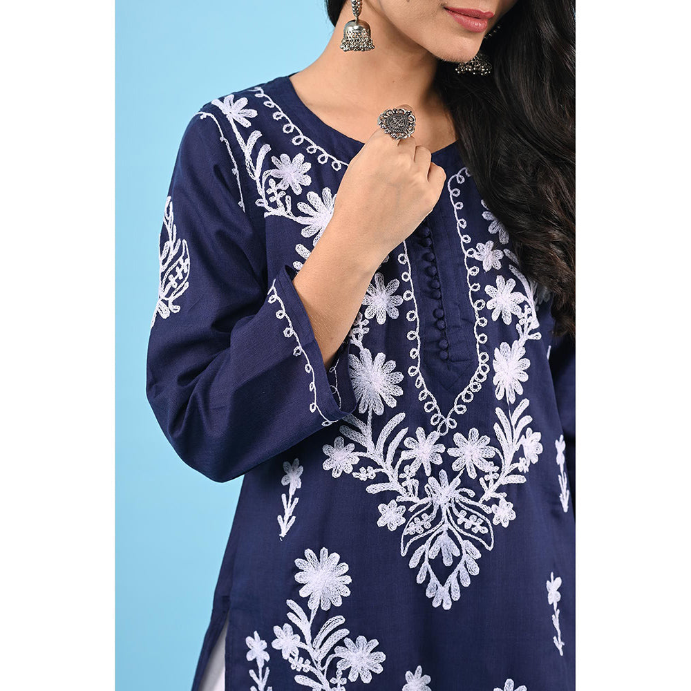 House of Chikankari Zinia Embroidered Cotton Straight Kurta Blue