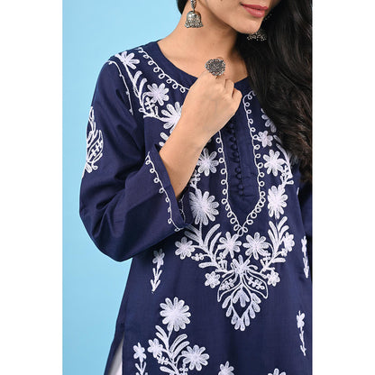 House of Chikankari Zinia Embroidered Cotton Straight Kurta Blue
