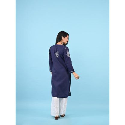 House of Chikankari Zinia Embroidered Cotton Straight Kurta Blue