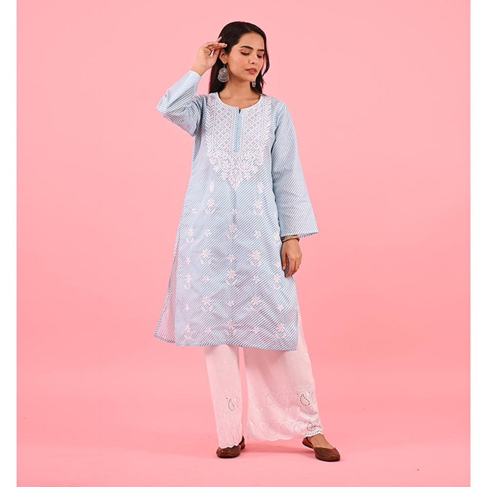 House of Chikankari Zinia Embroidered Cotton Straight Kurta Blue
