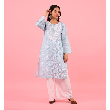 House of Chikankari Zinia Embroidered Cotton Straight Kurta Blue