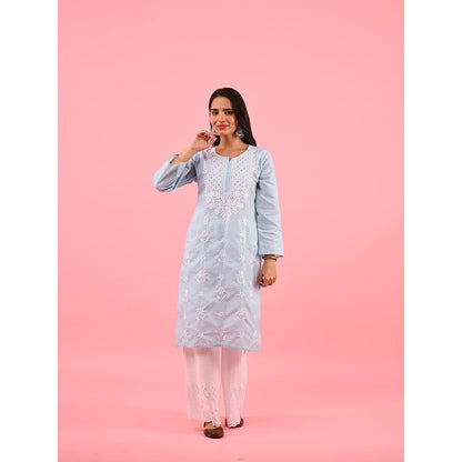 House of Chikankari Zinia Embroidered Cotton Straight Kurta Blue